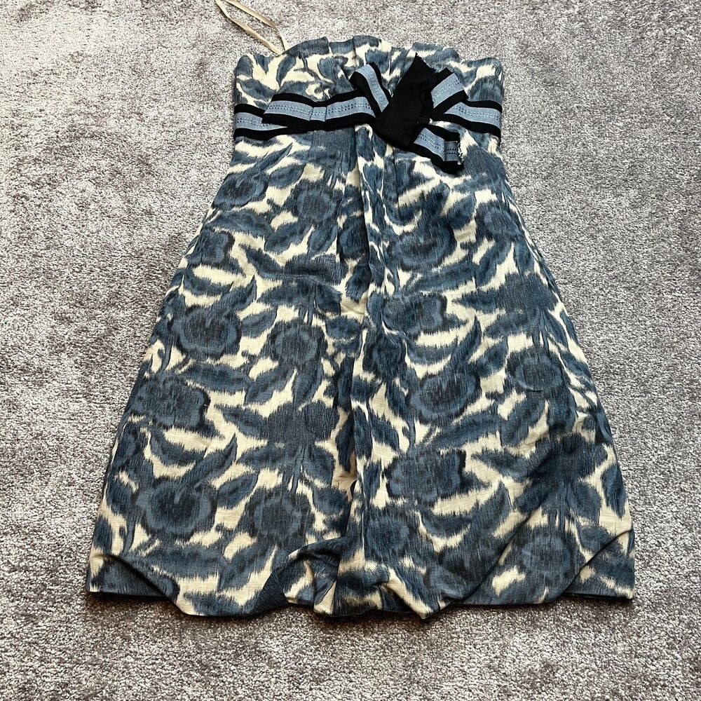 BCBGMAXAZRIA Shift Dress Womens 2 Blue Beige Floral Strapless Linen Silk Knee